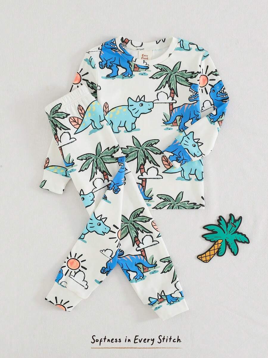 Cozy Pixies 男童卡通动物印花柔软针织圆领短袖上衣和松紧腰短裤两件套贴身睡衣套装 - 彩色 - 查看 1