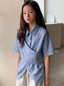 DAZY Chemise tissée à manches longues avec col rabattu et rayures pour préadolescentes - Bleu azur - Voir 4