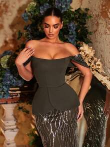 Glamrae Elegant, Glamorous, And Stylish Military Green Sequined Embroidery, Patchwork Stretch Knit, Leaf Cap Sleeves, Faux Two-Piece Design, Sailboat Neckline, Mermaid Silhouette, And Train. Suitable For Wedding Guests, All Formal Occasions, Valentine's Day, And Evening Gowns. - Army Green - View 5