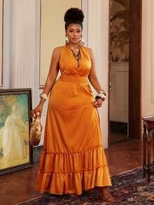 Maweii Plus Size Mustard Yellow Maxi Dress,Sleeveless Backless Drawstring Waist Shirred Solid Summer Tropical Holiday Elegant Casual Dress For Parties,Dates - Yellow - View 4