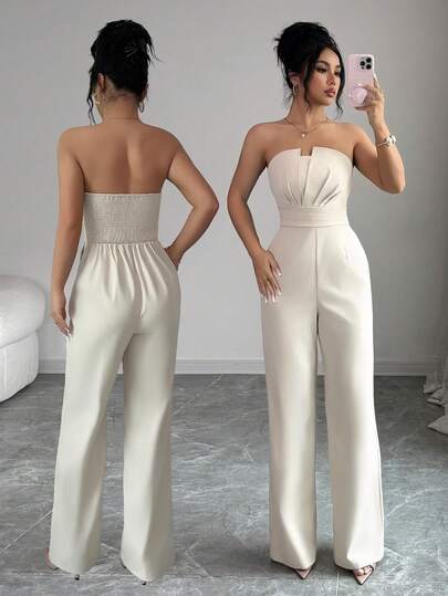 Rafferiza Elegant Solid Color Ruched Bandeau Jumpsuit For Women
