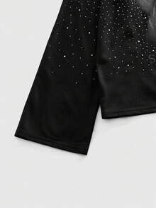 ROMWE MEN Street Life Camiseta de manga larga de cuello redondo con estampado gráfico y adornos de rhinestone para hombre, adecuada para uso diario, primavera/verano - Negro - Ver 5