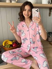 Girls Casual Comfortable Soft Pink Cloud Rabbit Pattern Pajama Set, Collared Short Sleeve Top And Long Pants 2 Pieces Loungewear - Pink - View 1