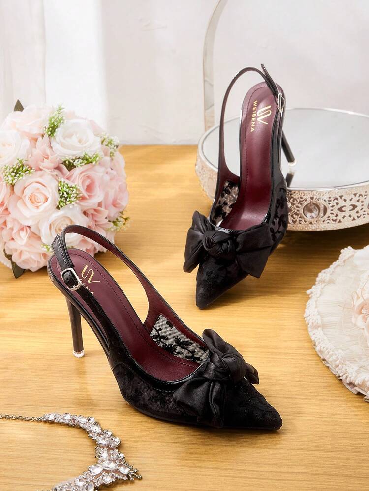 CUCCOO HITCHD Women's Fashionable & Elegant Embroidered Mesh Bow Decor Pumps Valentine's Day Elegant Shoes