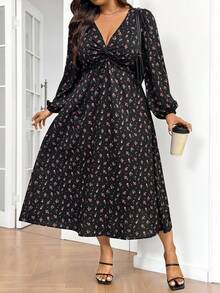 SHEIN Frenchy Đầm tay phồng họa tiết hoa dáng rộng, cỡ lớn, thích hợp cho mùa xuân và thu, đầm nữ mùa thu, thanh lịch. - Nhiều màu - Xem 1