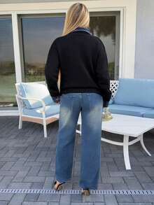 Cioccolato 女士時尚高腰簡約設計直筒寬腳牛仔褲 - 深色水洗藍 - 查看 2