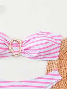 Swim Mod Bộ bikini 3 mảnh kiểu dáng châu Âu và Mỹ mới, gợi cảm, họa tiết sọc, điểm nhấn kim loại, đồ bơi đi biển cho nữ, bikini sọc, bộ bikini không dây, bikini màu hồng trắng, bộ bikini mùa hè. - Nhiều màu - Xem 10