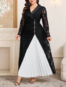 Reflora Đầm ren thanh lịch dành cho nữ cỡ lớn, cổ chữ V xếp lớp, phối nhiều mảnh vải, viền xếp ly. - Đen và trắng - Xem 3