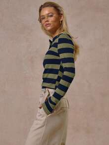 MUSERA Stripe Crew Neck Button Front Long Sleeve Fitted Top Winter Cool Streetwear Going Out Casual Everyday New Retro Spring Summer - Blue - View 4