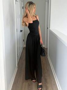 Sydney Algeri Mono recto suelto y plisado informal para mujer, con tirantes ajustables, apto para primavera/verano - Negro - Ver 5