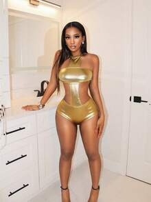 BamGleam Women's Gold PU Leather Hollow Out Halter Bodysuit,Summer Club Night Rave Outfits,Spring Vacation Beach Holiday Clothes, Tops For Women - Gold - View 3
