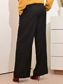 Mima John 时尚女式串珠口袋宽腿宽松裤 - 黑色 - 查看 2