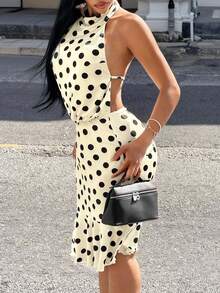 Slaydiva New Summer Style, Perfect For Birthday Parties, Back-To-School, Preppy, Student Wear, Everyday Outings, Basic And Versatile, Casual, Vacation, Cruise Travel, Beach, Seaside, Sunbathing, Online Style, Streetwear, Millennial Y2K Sexy Girl, Halter Neck Sleeveless Backless Ruffle Midi Knee-Length Black And White Polka Dot Dress Polka Dot Dress Women Summer Elegant Dress - Black and White - View 7