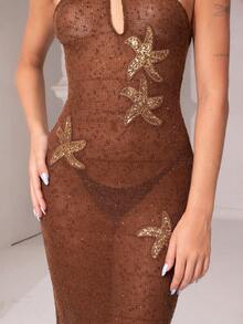 juhmazzocco Spring/Summer Solid Brown Coffee Color Tight-Fitting Sheer Mesh Knitted Crochet Starfish Decal Bodycon Mini Dress, Beach Cover-Up, Crochet Dress, Summer Dress,Valentine's Day,Valentine Outfits For Women - Brown - View 5