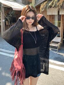 DAZY Women's Korean Style Summer Casual Mesh Knit Vacation Blouse - Black - View 6