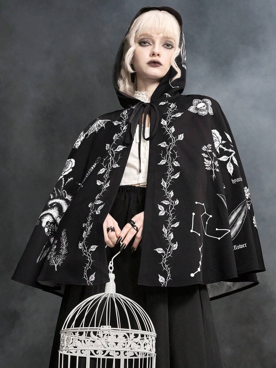 ROMWE Women's Dark Gothic Mysterious Plant Witch Heart Hooded Cloak - Black - View 1