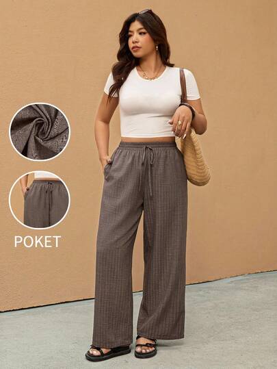 Elaquor 大码女式抽绳腰带口袋休闲百搭阔腿裤