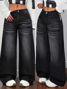 SHEIN 女士休闲宽松刺绣阔腿牛仔裤，百搭街头风 - 黑色 - 查看 6