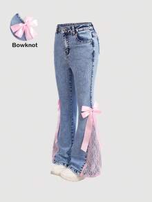 Girlism 少女粉色丝带蝴蝶结蕾丝蓝色牛仔弹力修身喇叭裤 - 中等水洗藍 - 查看 2