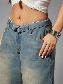 Denimoi Foldover Waist Barrel Leg Washed Jeans Barrel Jeans Fashionable Streetwear - Medium Wash - View 4