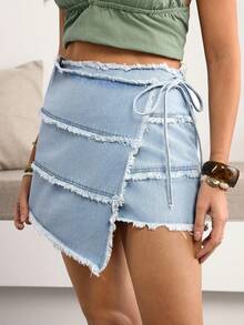 Breezaya Women's Casual Washed Frayed Tie-Up Wrap Denim Skirt - Blue - View 3
