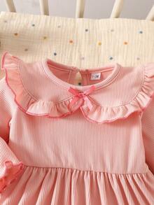 SHEIN Autumn New Arrival Newborn Baby Girl Elegant Sweet Cute Minimalist Casual Style Bow Contrast Color Doll Collar White Long Sleeve Dress With Bow Cuff Ruffle Hem Design Collared Baby Girl Dress Cozy Baby Girl Dress Pink Baby Dress Blush Pink Baby Dress - Pink - View 4