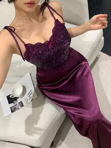 DAZY Women's Lace & Satin Patchwork Sequin Slip Dress Nightgown - Purple - View 4