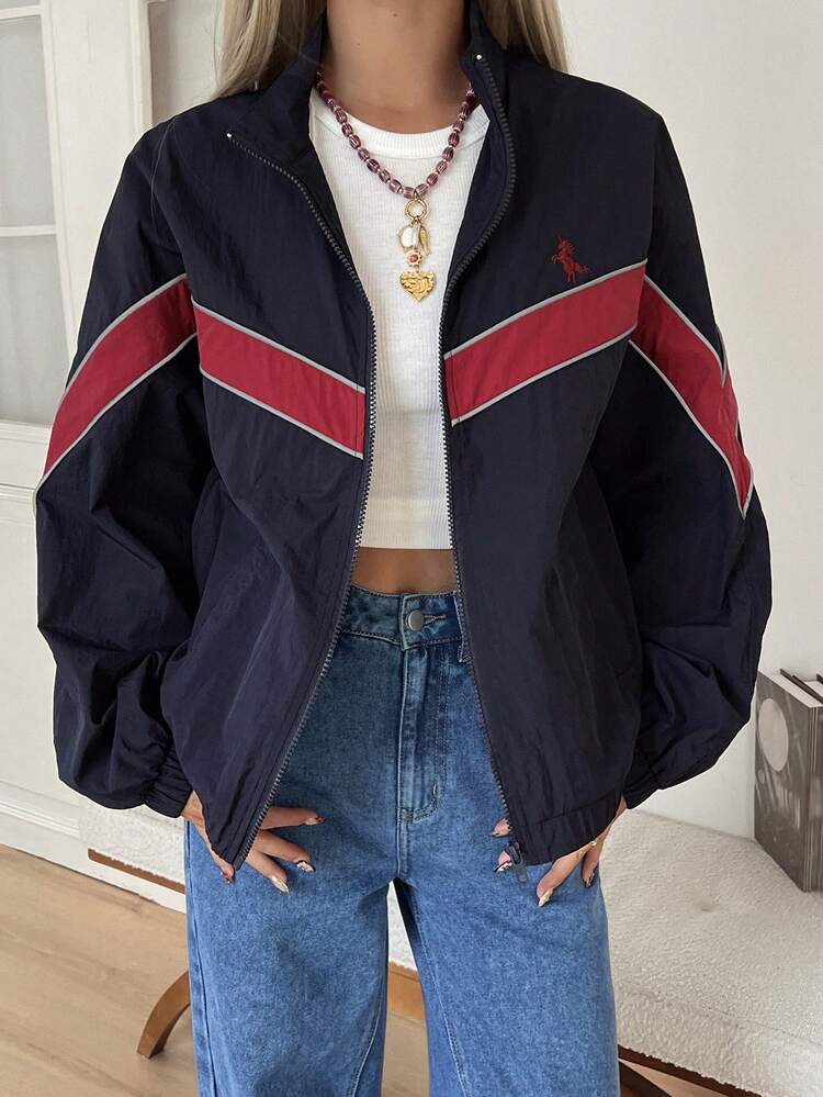 Women's Stand Collar Long Sleeve Loose Open Front Contrast Color Patchwork Embroidery Casual Street Jacket Y2k