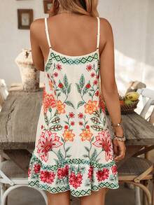 Swim Vcay 女士可调节肩带波西米亚印花拼接不规则荷叶边下摆沙滩罩衫连衣裙，夏季 - 彩色 - 查看 2