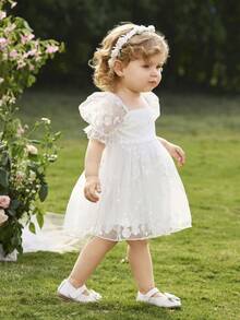 Babygirl Elegant Cute Embroidered Mesh Short Sleeve Princess Dress - White - View 3