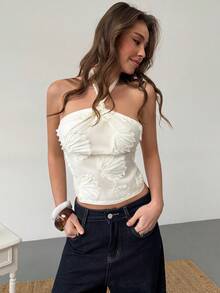 Aloruh 浪漫约会度假婚礼露背吊带薄纱纹理女式背心 - 白色 - 查看 5