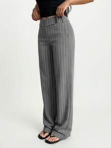 SHEIN SXY 女士条纹腰部纽扣设计直筒休闲裤 - 彩色 - 查看 4