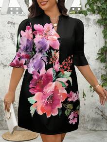 SHEIN Clasi Vestido de manga corta con estampado floral de talla grande - Negro - Ver 8