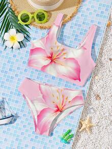 Hibiscus, Flame Tree, Beach Vacation, #Coconutgirl, Tween Girls Casual Minimalist Camisole & Triangle Bottoms Swimwear Set, Suitable For Summer Mid-Break To Beach, Neon Beach Vibes, Swimwear Collection, Holiday Feels, Coastal Minimalism, Summer Flower - Pink - View 2