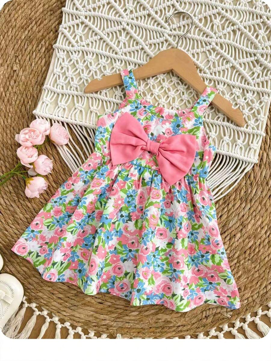 SHEIN Đầm không tay họa tiết hoa và nơ cho bé gái, thích hợp cho kỳ nghỉ hè. - Hồng - Xem 1