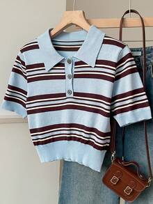 SHEIN EZwear 条纹多色图案半拉链休闲百搭短袖针织上衣 - 彩色 - 查看 1