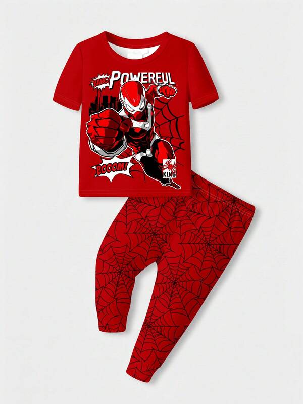 SHEIN Young Boy Casual Minimalist, Soft & Comfortable, Classic Spider, Cartoon Animation Graphic Print, Snug Fit Crew Neck Short Sleeve Pants Tight-Fitting Pajamas, Suitable For Spring/Summer