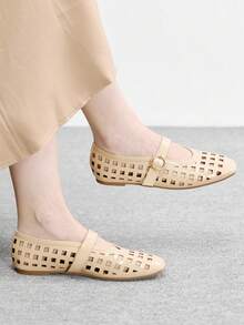 CUCCOO BIZCHIC 复古玛丽珍鞋，女士镂空平底鞋，时尚舒适，四季皆宜，秋冬季圣诞节必备 - 深杏色 - 查看 1