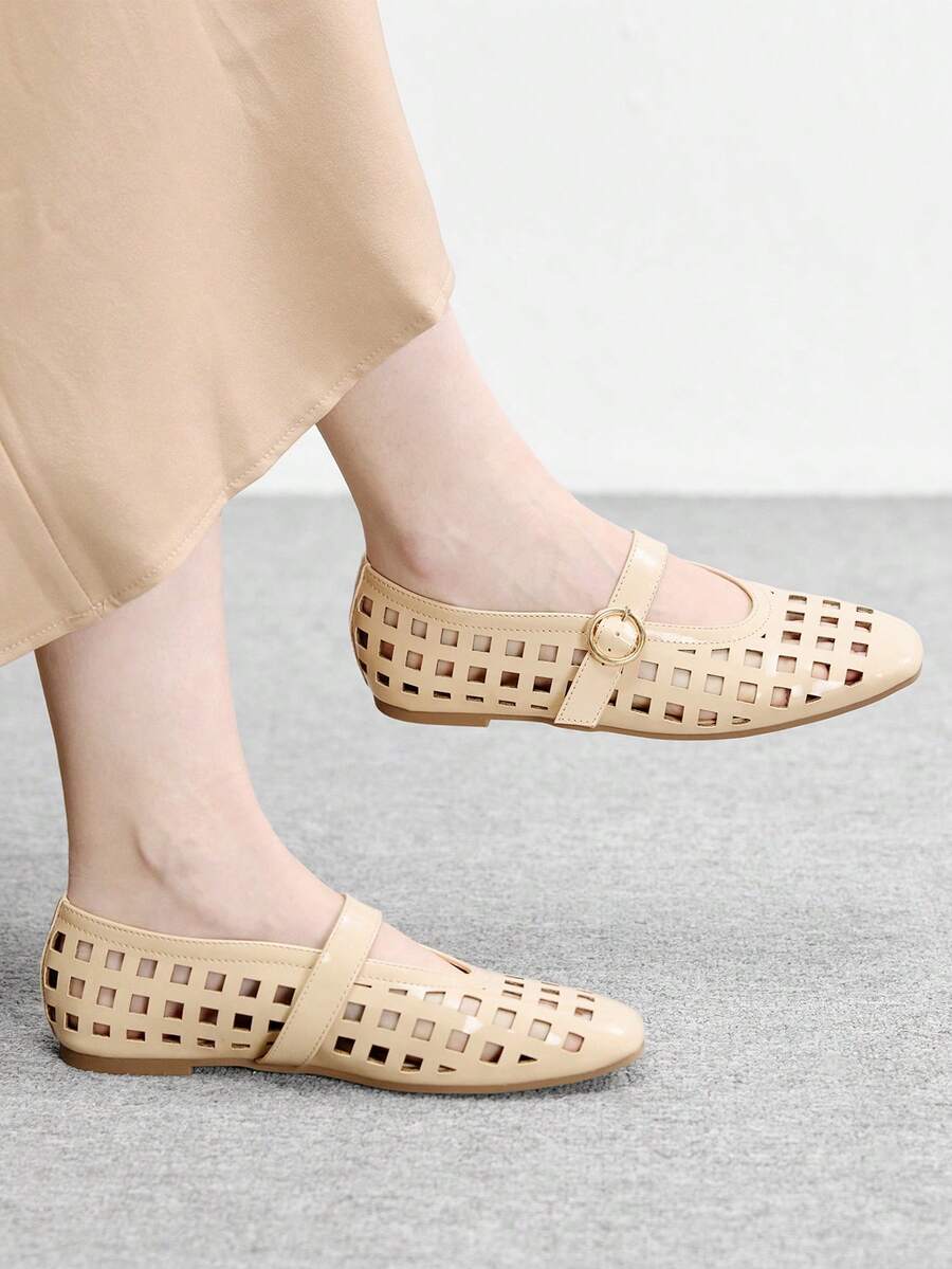 CUCCOO BIZCHIC 复古玛丽珍鞋，女士镂空平底鞋，时尚舒适，四季皆宜，秋冬季圣诞节必备 - 深杏色 - 查看 1