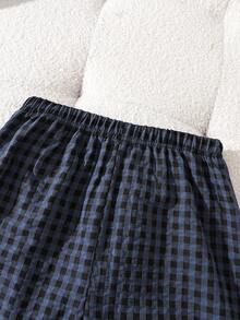 Setelan Celana Pendek Lengan Pendek Kasual Kotak-kotak 2 Potong untuk Anak Laki-laki, Pola Kotak-kotak Biru & Hitam dengan Logo Game Bordir, Pakaian Santai Musim Panas yang Longgar dan Nyaman - Navy Blue - View 5