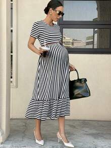MaterniWear Maternity Striped Round Neck Short Sleeve Ruffle Hem Casual Dress - Blue and White - View 4