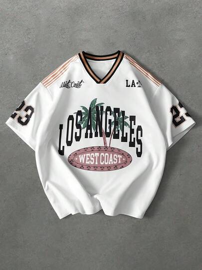 PAVTROS Men's Casual Vacation Fashion Street Daily Commute Letter & Number Tropical Palm Tree Print Contrast V-Neck Short Sleeve T-Shirt, Summer, Valentine's Day,Spring To Summer,Gift For My Boyfriend,Mardi Gras,Vintage,Streetwear,Party,St Patrick's Day,Going Out