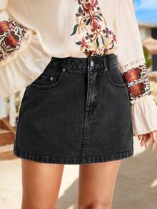 Chân váy ngắn denim bạc màu phong cách thường ngày dành cho nữ, mùa hè. - Màu xám đen - Xem 3