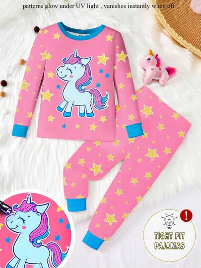 2 Piece Sets Snug Fit Pjs  Baby Girls Cute Unicorn & Star Print Knitted Elastic Fabric Soft Comfortable Glow In The Dark Long Sleeve Top And Pants 2 Pieces Pajama Set .This Product Requires UV Light Exposure To Glow. Unicorn Outfit For Girl Toddlers