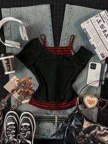 Attitoon 红黑条纹朋克翅膀骷髅印花 Y2K Grunge 哥特风女式休闲复古撞色短袖T恤 – 西部风音乐节春夏街头复古朋克嘻哈美学，适合音乐节、俱乐部、健身房、运动场合 - 彩色 - 查看 4