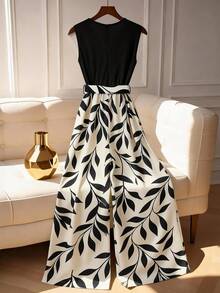 Franclia New Fashionable Plant Print V-Neck Color Block Wide Leg Jumpsuit - Multicolor - View 2
