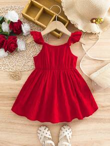 SHEIN 女宝宝可爱红色短袖夏季度假连衣裙 - 紅色 - 查看 1