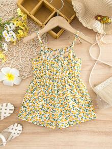 SHEIN Mono casual con estampado floral ditsy lindo para niña, mono floral de verano lindo para bebé niña, mono de verano con estampado floral, mono con pernera de primavera - Amarillo - Ver 2
