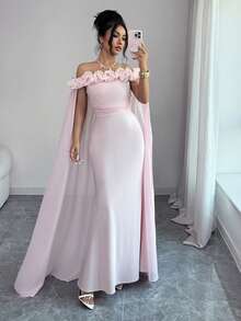 SHEIN Elenzya 女士优雅露肩雪纺拼接荷叶边长裙，适合婚礼、新娘、休闲、海滩、度假、日常出行、约会、派对、野餐、假期等场合。 - 粉色 - 查看 3