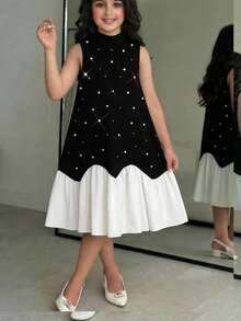 SHEIN 少女編織拼色立領3D蝴蝶結休閒洋裝 - 黑與白 - 查看 10